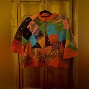 Bohemian Hippie Structured Patchwork Red/Orange Top W/ Three Quarter Sleeves